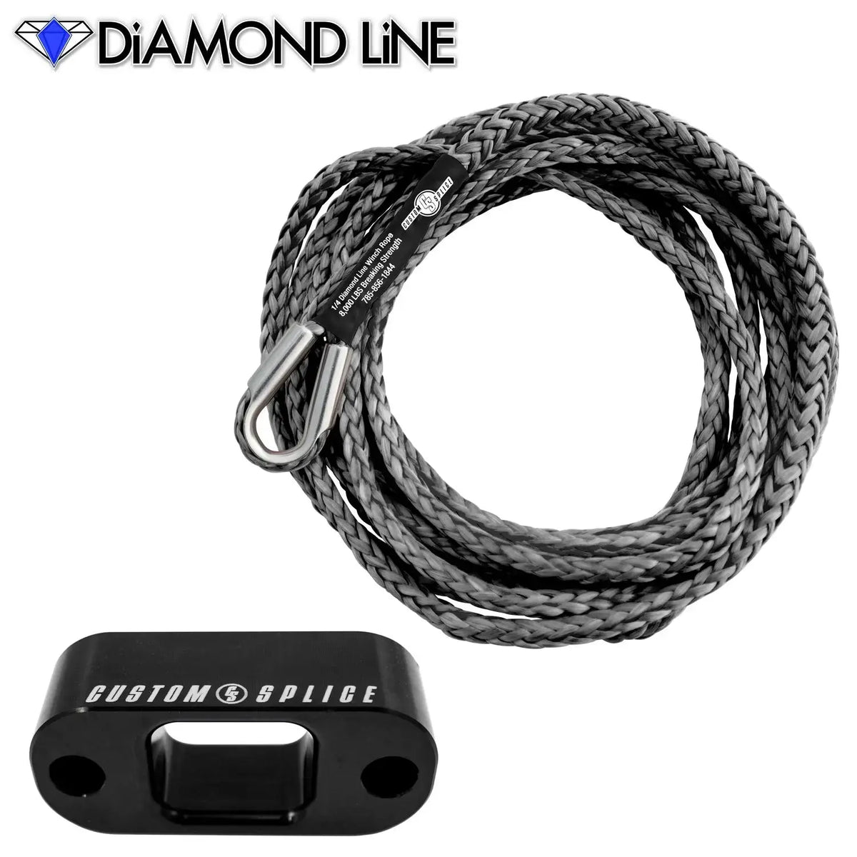 Custom Splice Warn PullzAll 1/4" x 15' Synthetic Winch Rope Conversion Kit Diamond-Grey-Black-Tube-Thimble-with-Excel-Sling-H Custom Splice